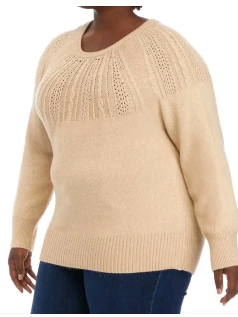 Chaps Yoked Cable Knit Raglan Sweater Woman Plus 2X Sesame Neutral Preppy Nwot